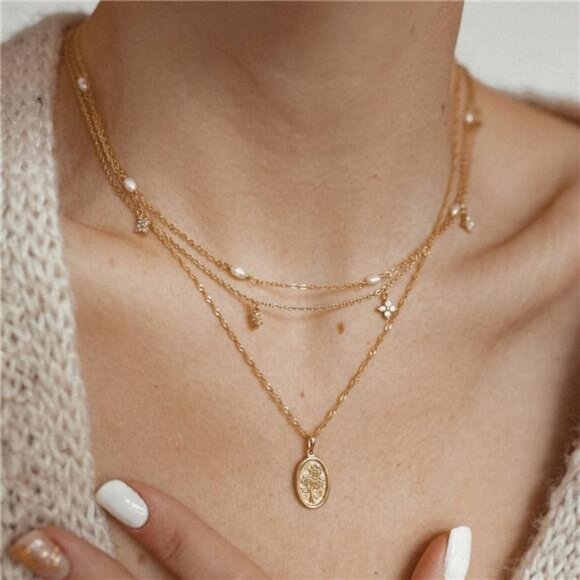 Diamond Pendant Necklace for Women， Dainty Gold Layered Necklaces 14k Gold Plate - Picture 4 of 8